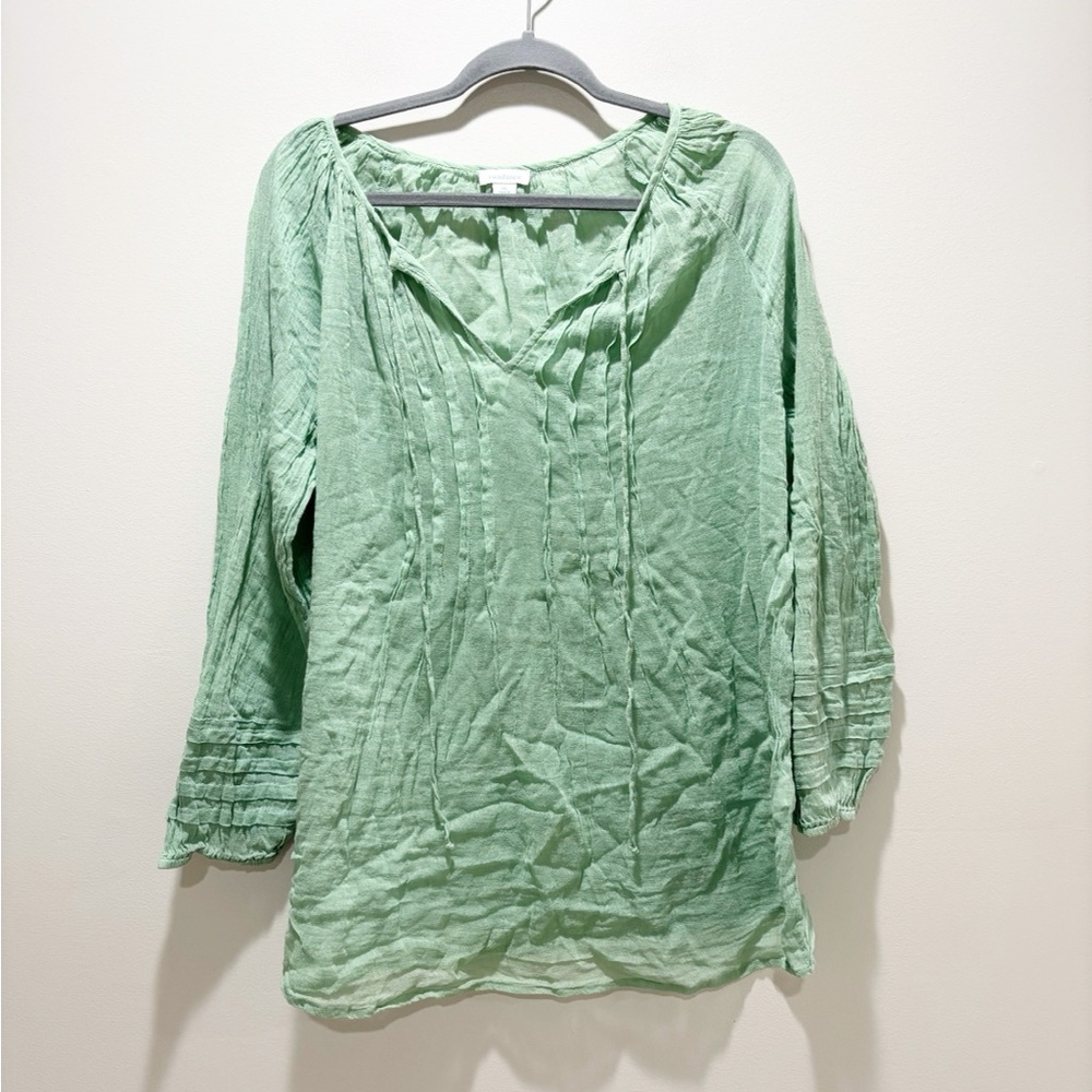 Sundance Light Green V-Neck Pintuck Tunic Cotton Peasant Pleating Long Sleeve XL